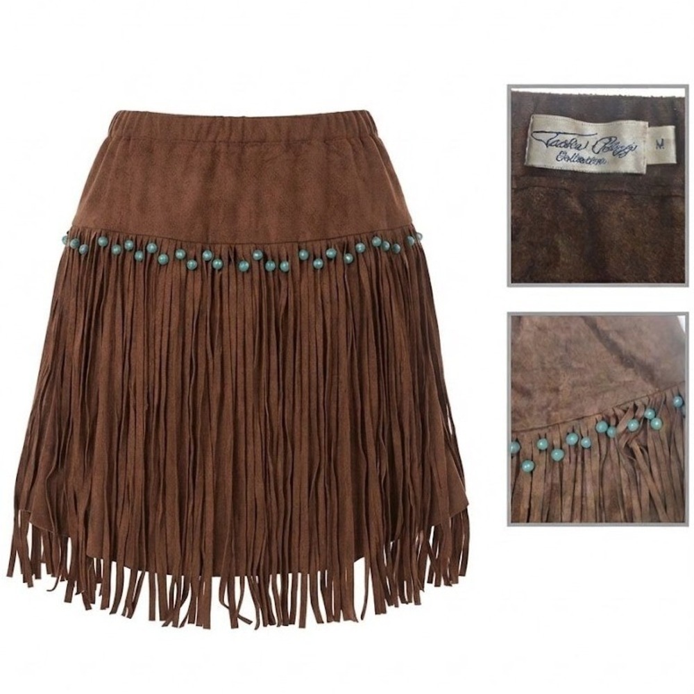 Tasha Polizzi Brown Frou Suede Fringe Skirt Size M Turquoise Beads Western Boho